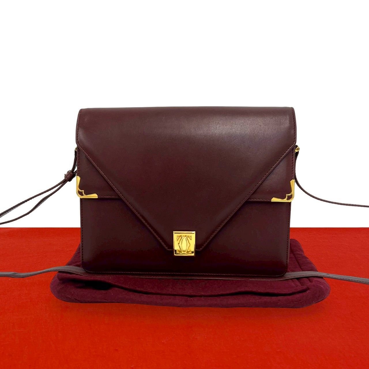 Cartier Must Line Leather Shoulder Bag Pochette Crossbody Wine Red Bordeaux