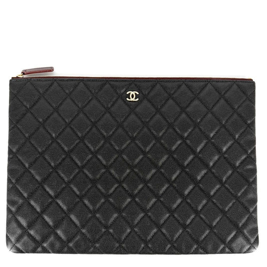 Chanel Clutch Quilted Second CC Logo Caviar Leather Black Gold