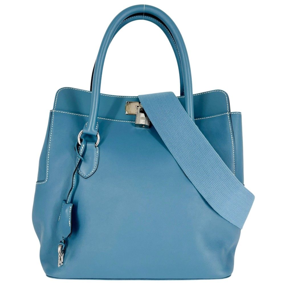 Hermes 2-Way Shoulder Crossbody Toolbox 26 Bag Leather Blue Silver