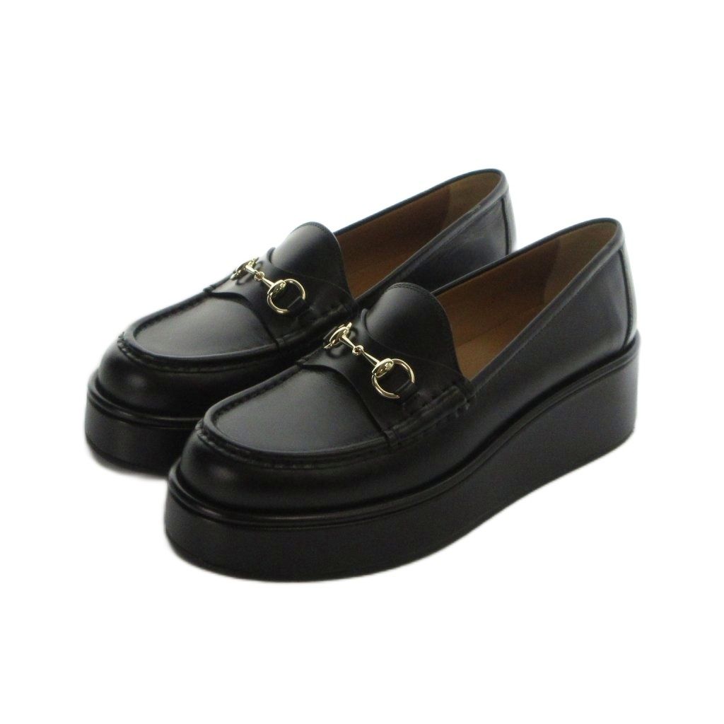 Gucci Platform Loafers Moccasins Horsebit Leather Logo Black 38