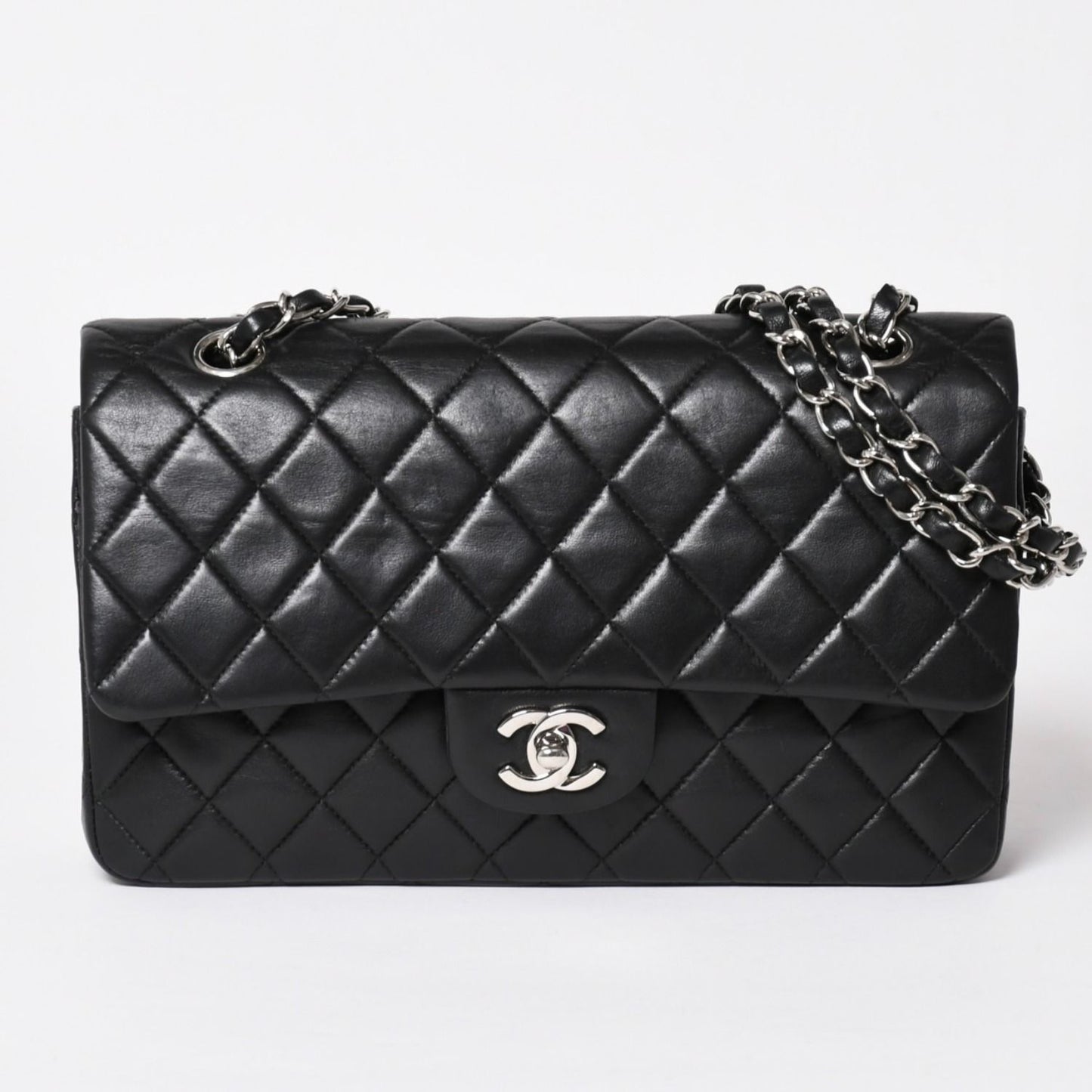 Chanel Quilted 25 Double Flap Chain Shoulder Bag Lambskin CC Logo Black Silver