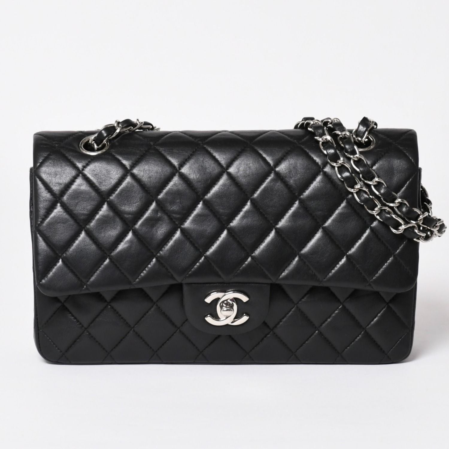 Chanel Quilted 25 Double Flap Chain Shoulder Bag Lambskin CC Logo Black Silver