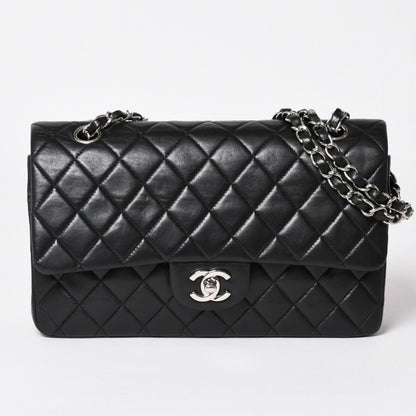 Chanel Quilted 25 Double Flap Chain Shoulder Bag Lambskin CC Logo Black Silver
