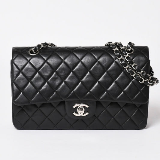 Chanel Quilted 25 Double Flap Chain Shoulder Bag Lambskin CC Logo Black Silver