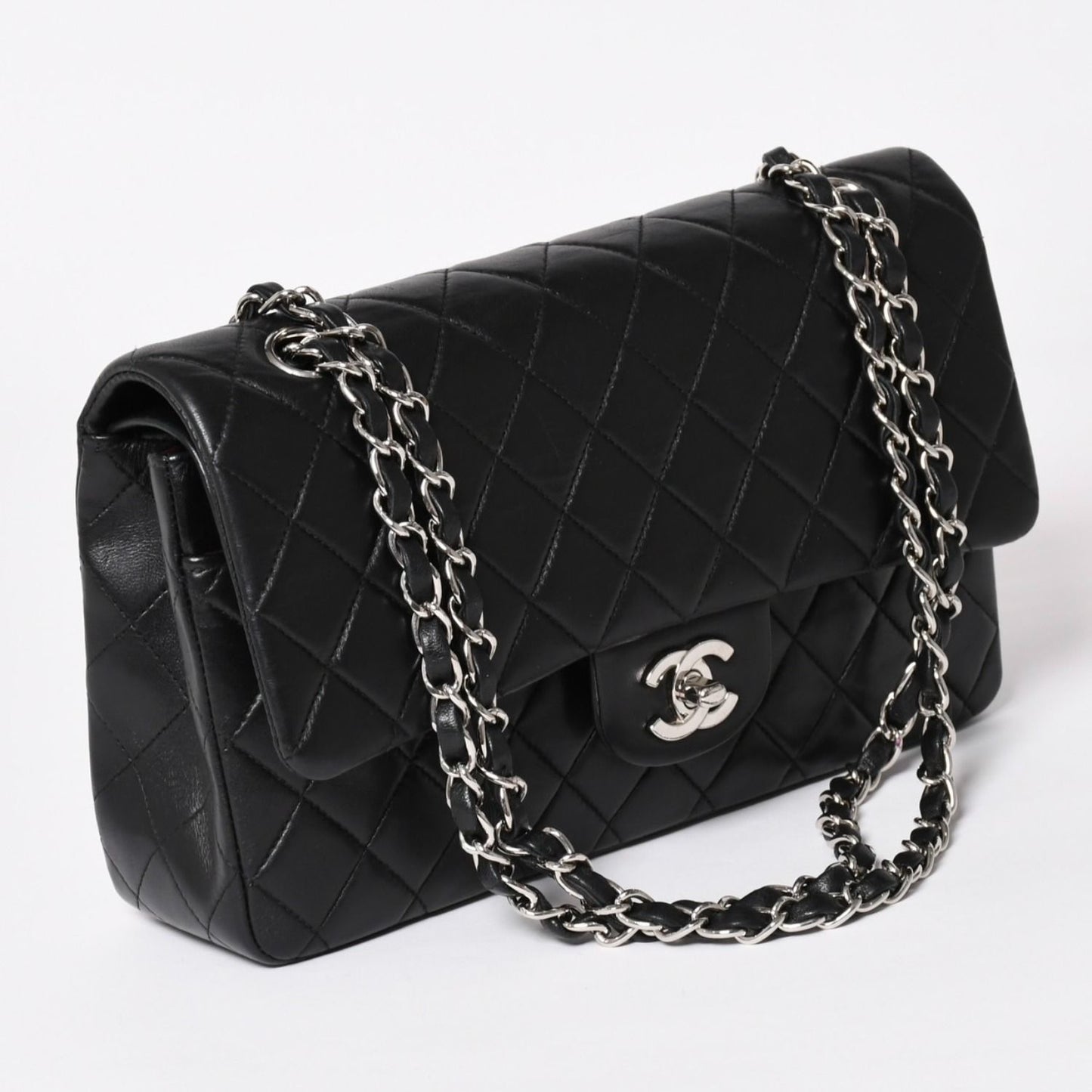 Chanel Quilted 25 Double Flap Chain Shoulder Bag Lambskin CC Logo Black Silver — view 3