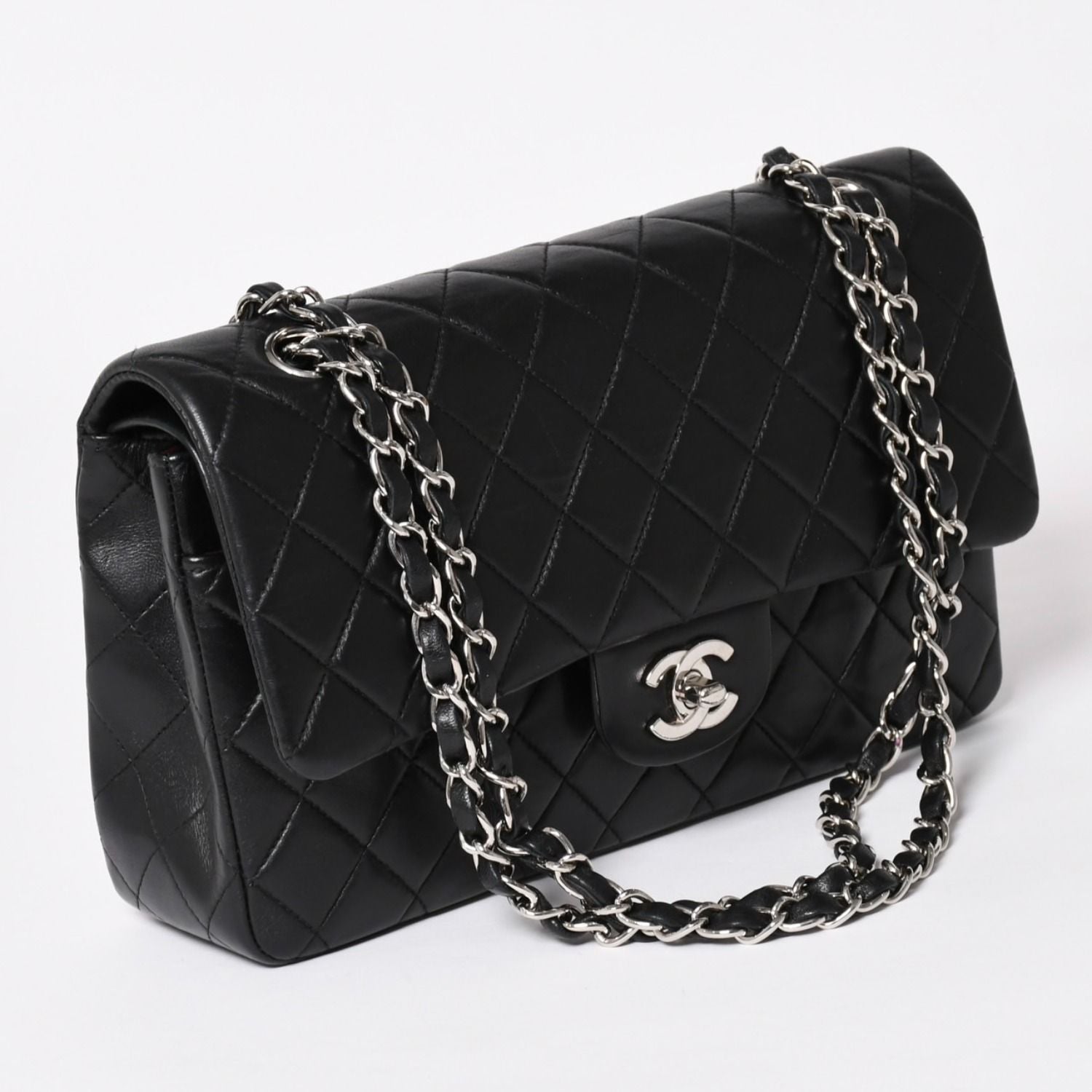 Chanel Quilted 25 Double Flap Chain Shoulder Bag Lambskin CC Logo Black Silver — view 3