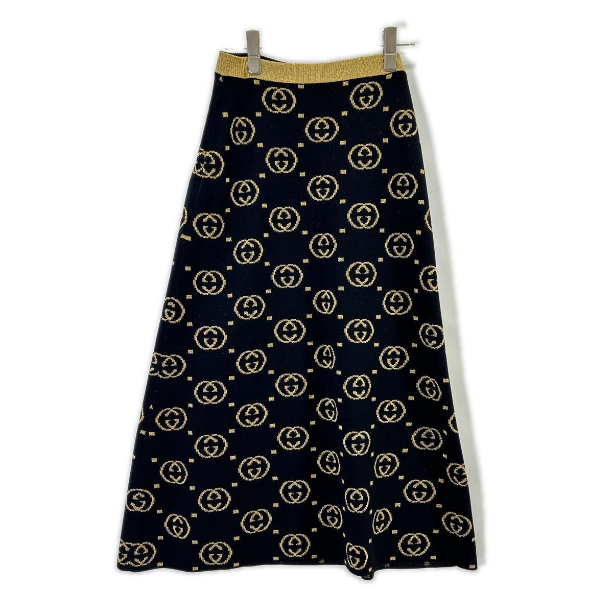 Gucci Black GG Pattern Gold Lame Long Wool Skirt XS