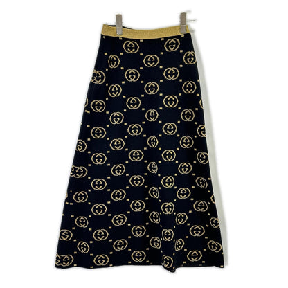 Gucci Black GG Pattern Gold Lame Long Wool Skirt XS