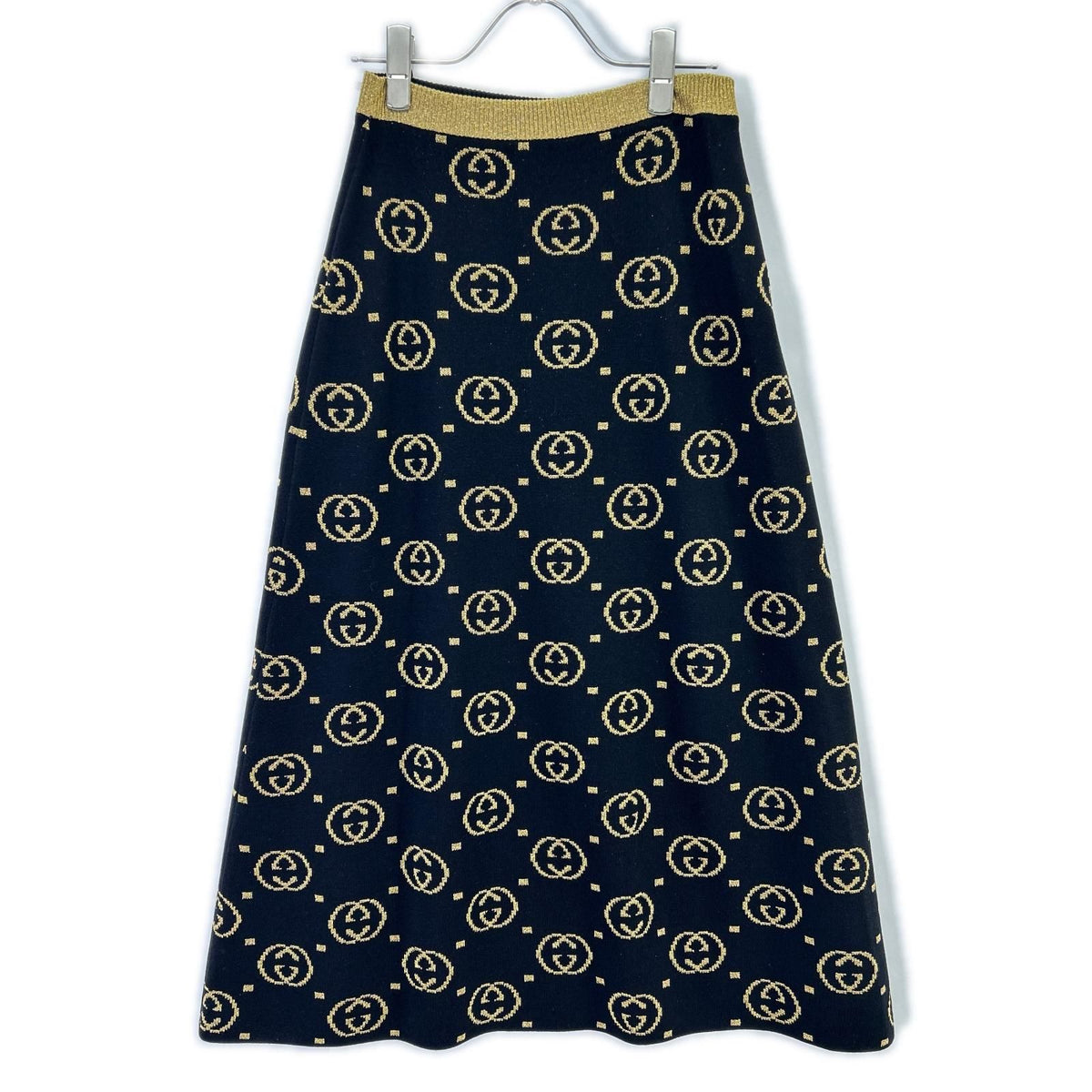 Gucci Black GG Pattern Gold Lame Long Wool Skirt XS — view 2
