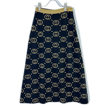 Gucci Black GG Pattern Gold Lame Long Wool Skirt XS — view 2