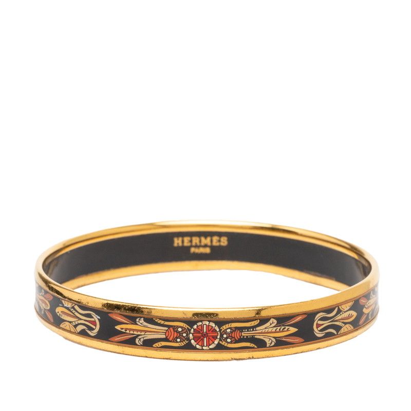 Hermes Enamel PM Cloisonne Bangle Gold Black Multicolor Plated Bracelet