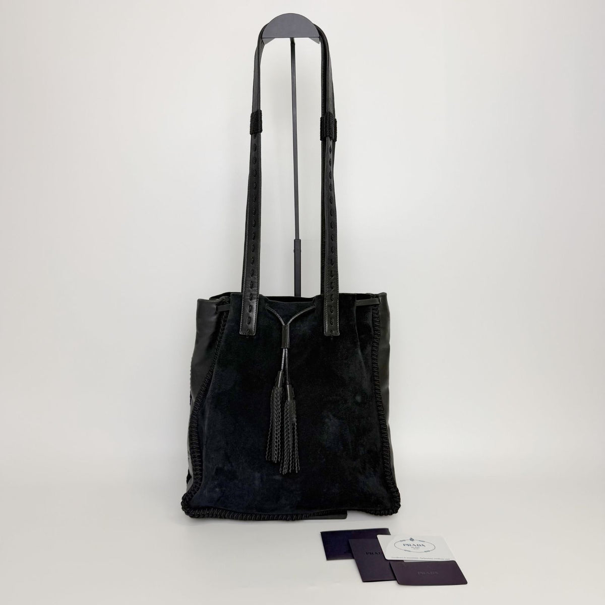 Prada Tassel Drawstring Shoulder Bag Suede Leather Black Vintage — view 2