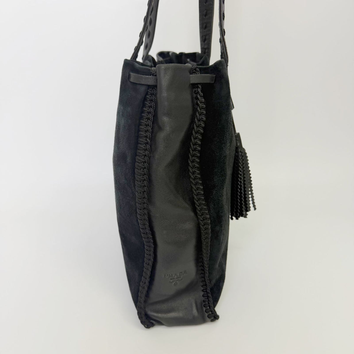 Prada Tassel Drawstring Shoulder Bag Suede Leather Black Vintage — view 6