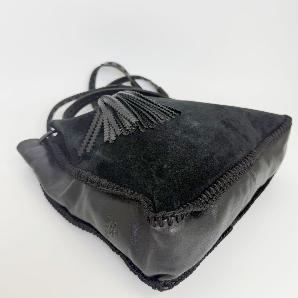 Prada Tassel Drawstring Shoulder Bag Suede Leather Black Vintage — view 8