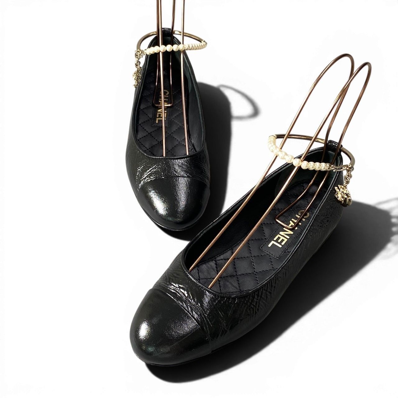 Chanel Ballerina Pearl Anklet CC Logo Flat Pumps Black 36 — view 4