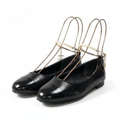 Chanel Ballerina Pearl Anklet CC Logo Flat Pumps Black 36