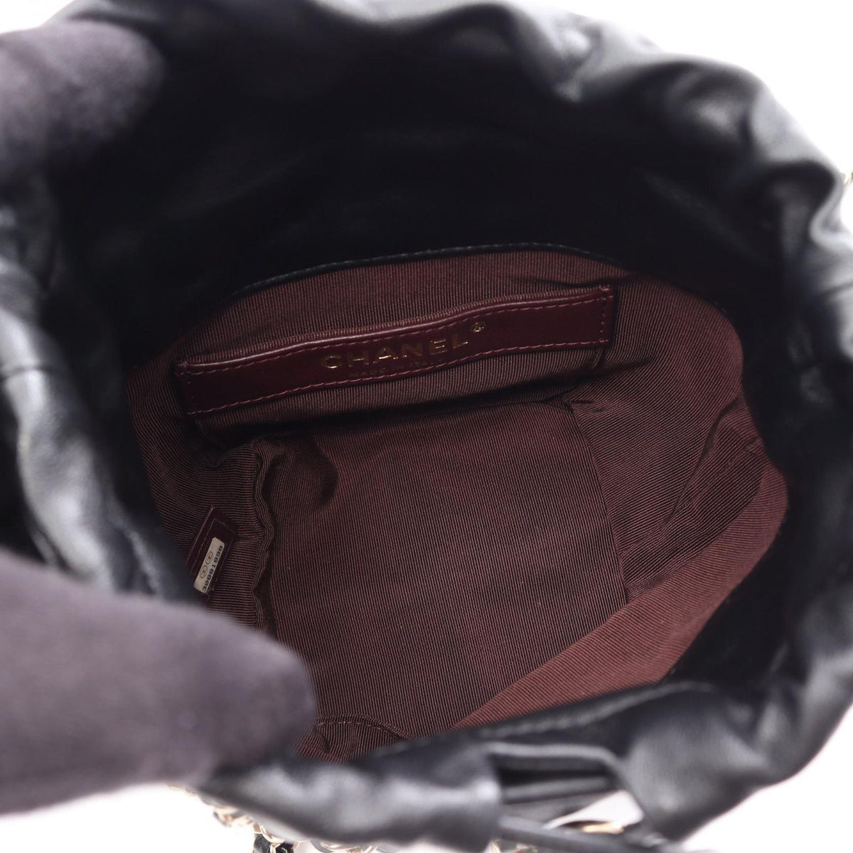 Chanel Shoulder Bag CC Logo Drawstring Black Lambskin Small — view 3