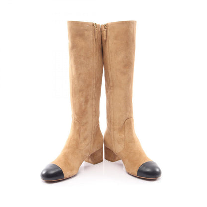 Chanel Boots CC Logo Long Beige Suede Leather — view 3