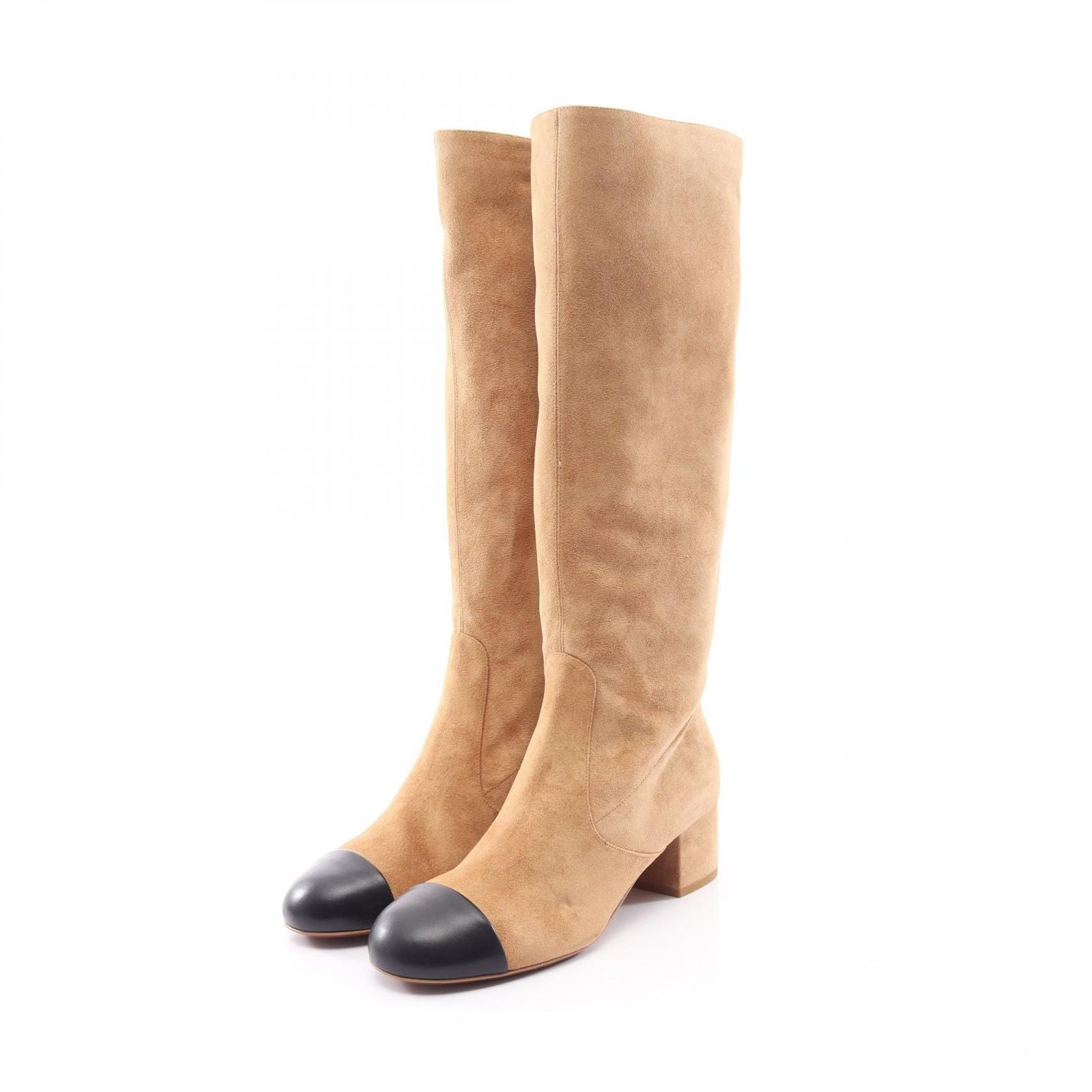 Chanel Boots CC Logo Long Beige Suede Leather