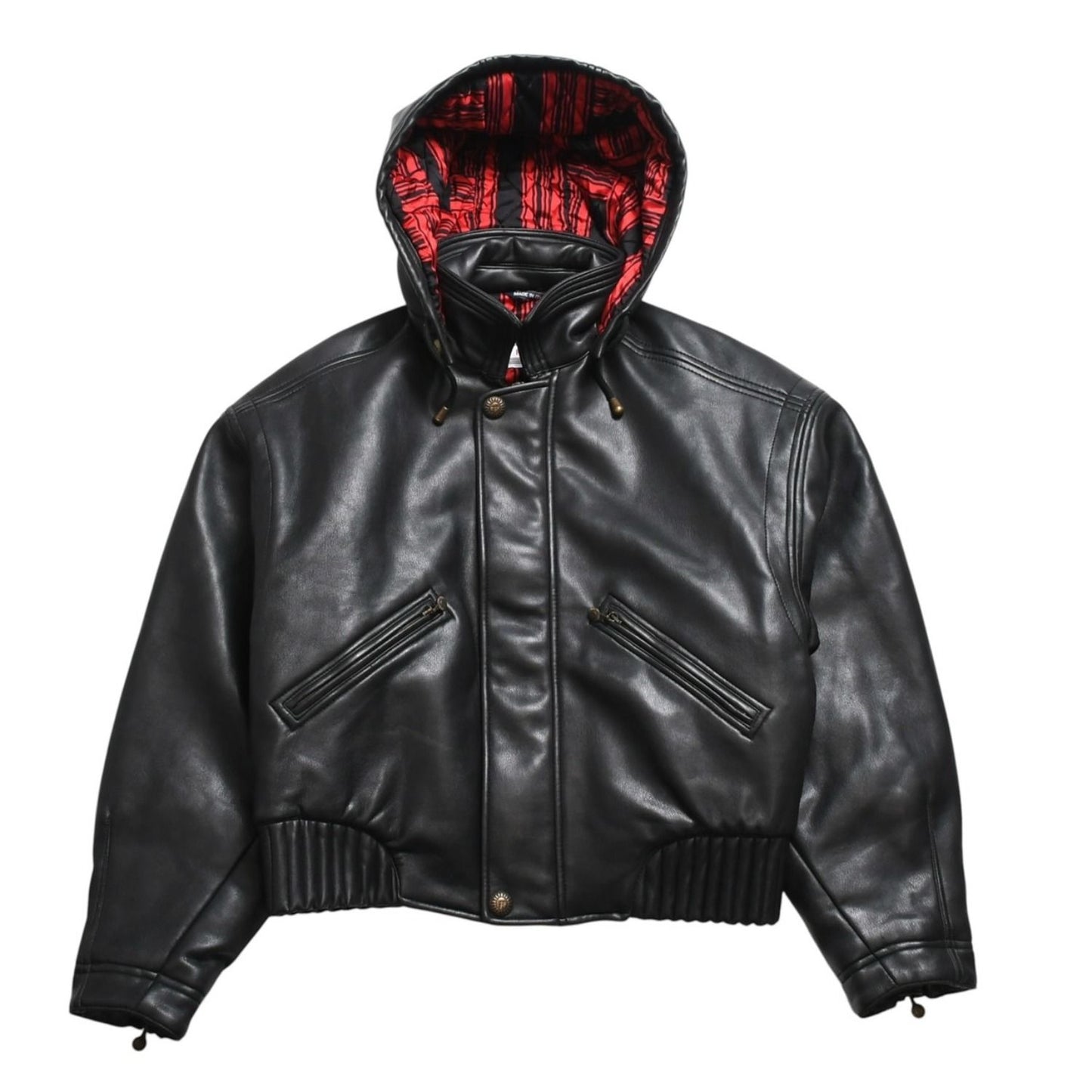 Versace Sport Faux Leather Footed Jacket Black Red Checked Stripe Pattern Gold
