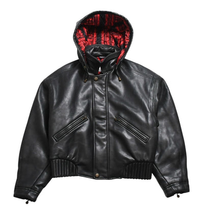 Versace Sport Faux Leather Footed Jacket Black Red Checked Stripe Pattern Gold