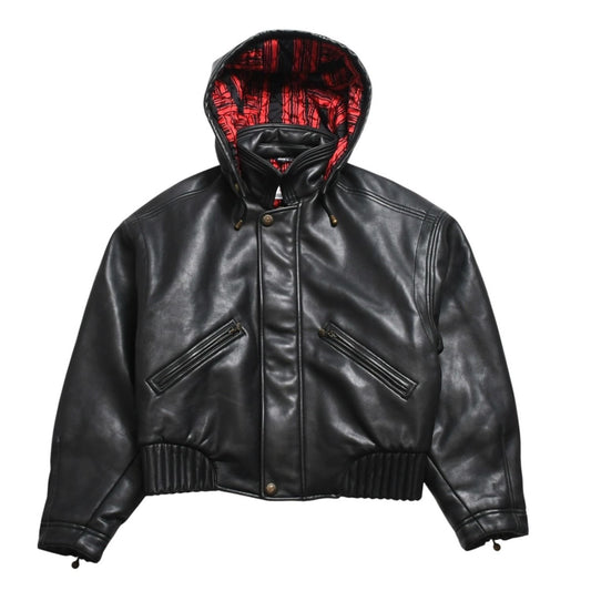 Versace Sport Faux Leather Footed Jacket Black Red Checked Stripe Pattern Gold