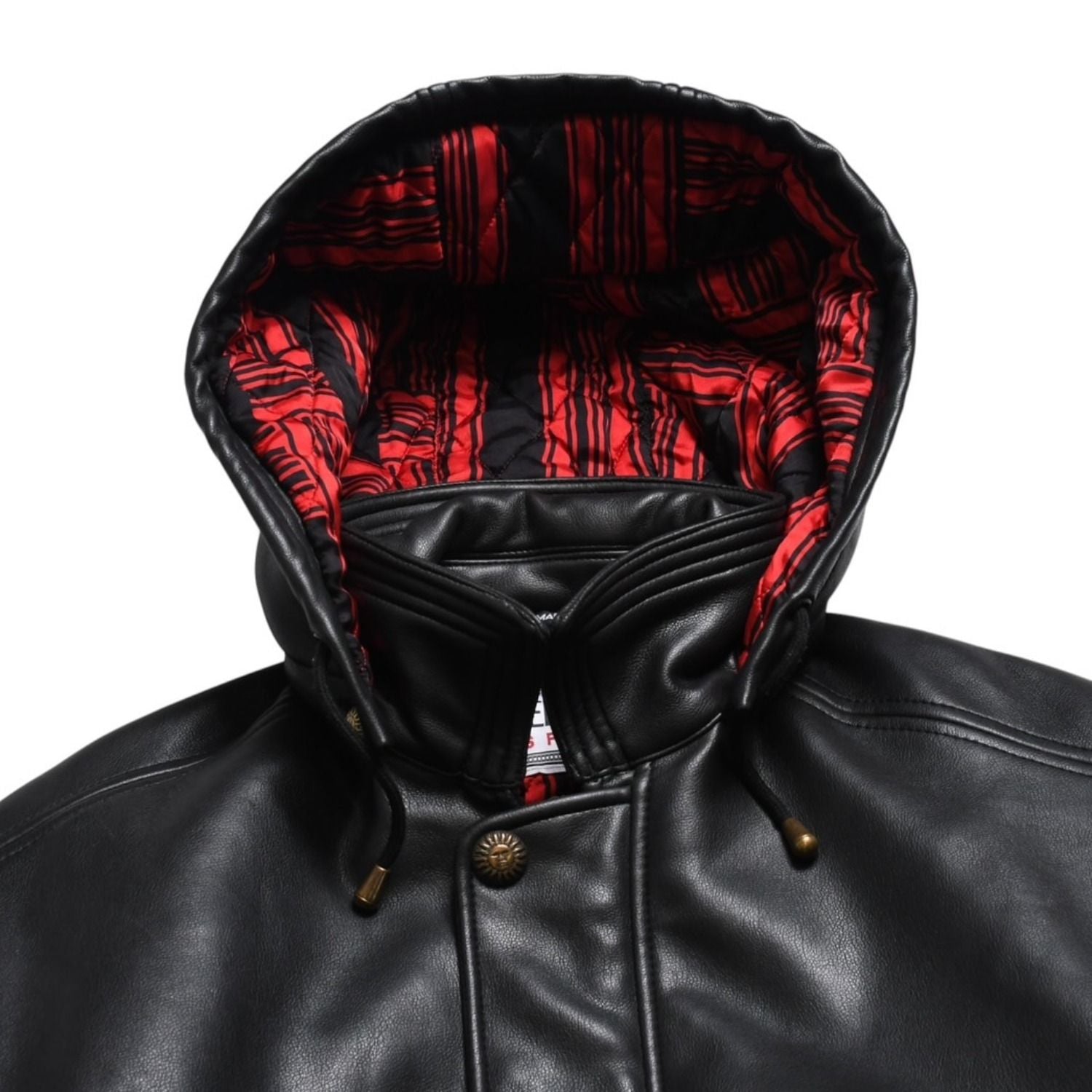 Versace Sport Faux Leather Footed Jacket Black Red Checked Stripe Pattern Gold — view 3