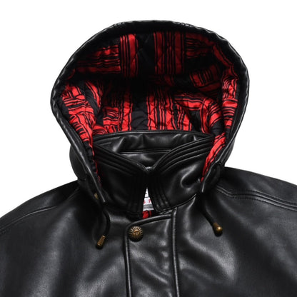 Versace Sport Faux Leather Footed Jacket Black Red Checked Stripe Pattern Gold — view 3