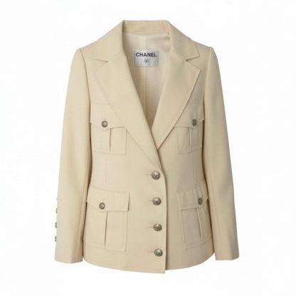 Chanel Vintage Safari Jacket 4 Pockets CC Logo Ivory