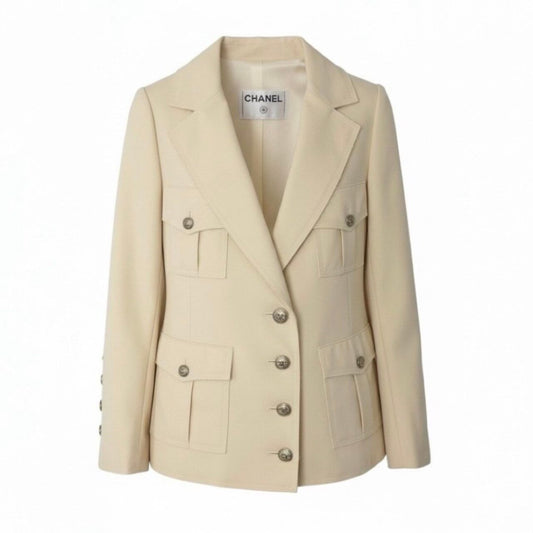Chanel Vintage Safari Jacket 4 Pockets CC Logo Ivory
