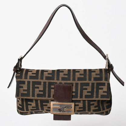 Fendi Mamma Baguette Bag Canvas Leather Brown Zucca Pattern Silver