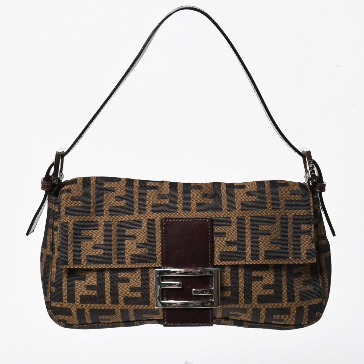 Fendi Mamma Baguette Bag Zucca Pattern All Over Print Brown Canvas Leather Silver