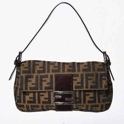 Fendi Mamma Baguette Bag Zucca Pattern All Over Print Brown Canvas Leather Silver