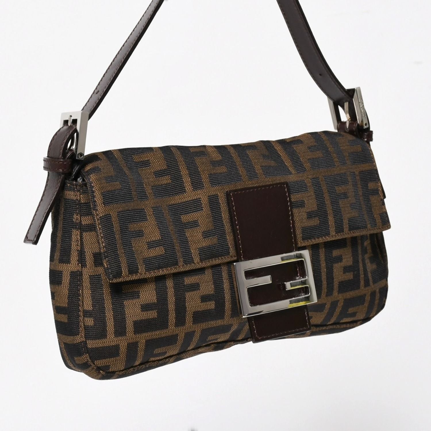 Fendi Mamma Baguette Bag Zucca Pattern All Over Print Brown Canvas Leather Silver — view 3