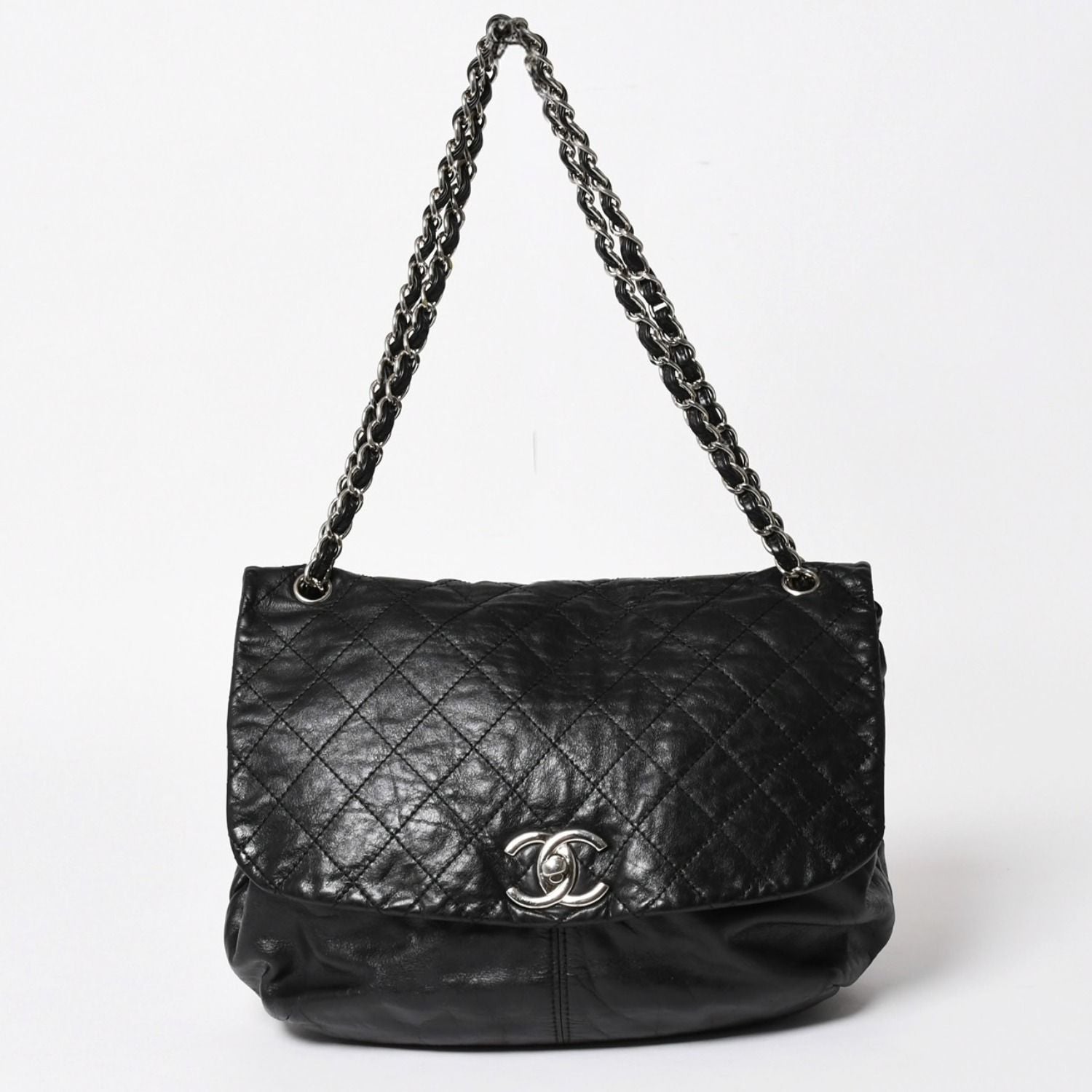 Chanel S Flap Chain Shoulder Bag CC Logo Calfskin Black Silver