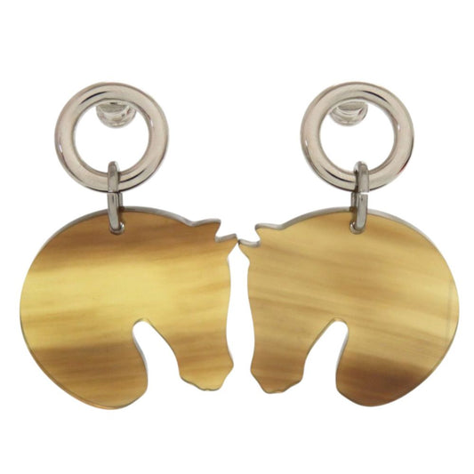 Hermes Cheval Horse Buffalo Horn Brown Earrings