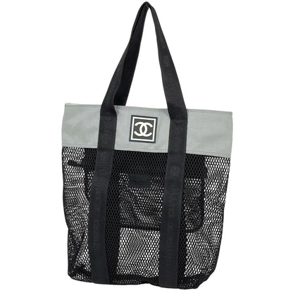 Chanel Sports Line Mesh Tote Bag CC Logo Nylon Canvas Black Gray