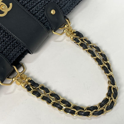 Chanel CC Logo Chain Tote Shoulder Bag Raffia Navy — view 7