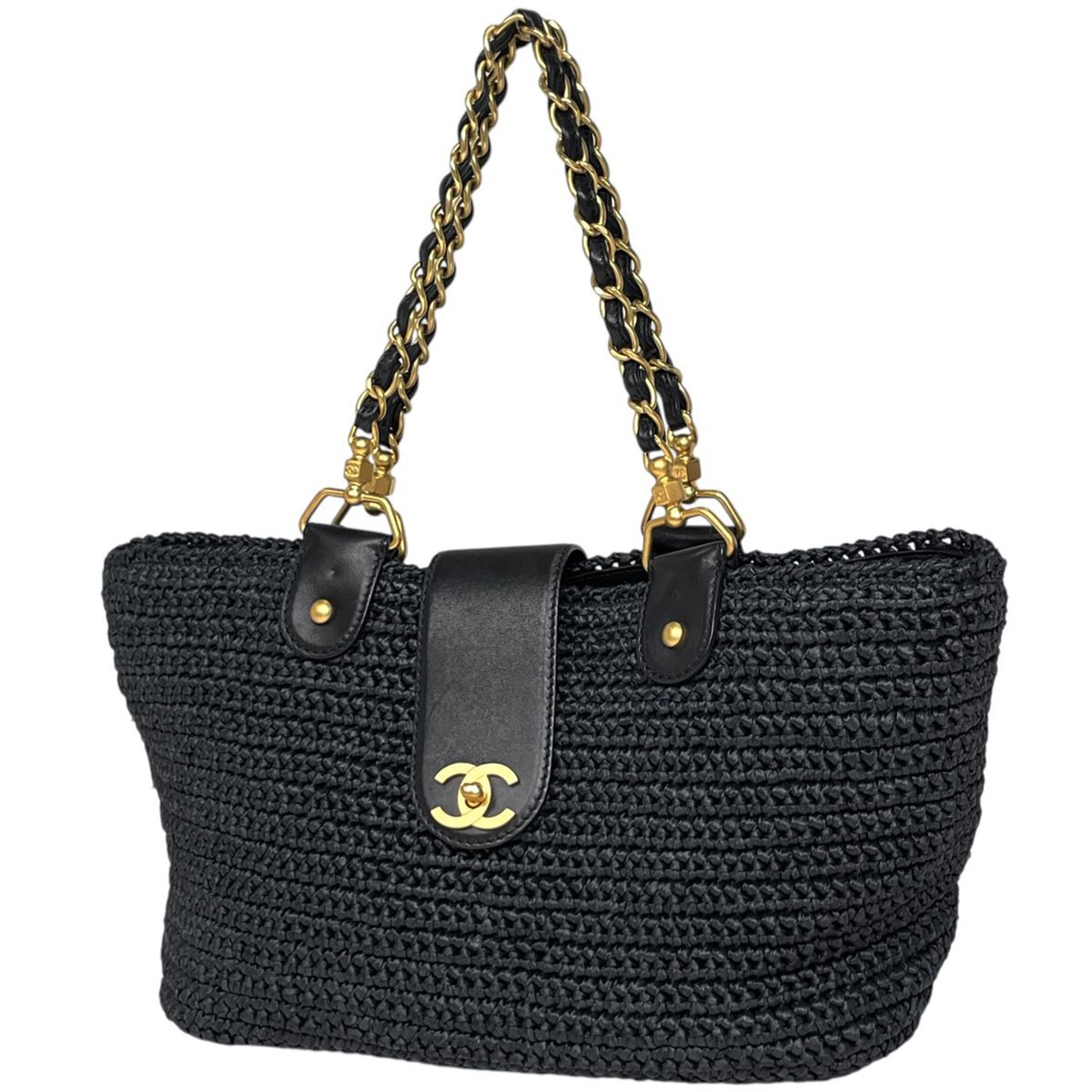 Chanel CC Logo Chain Tote Shoulder Bag Raffia Navy