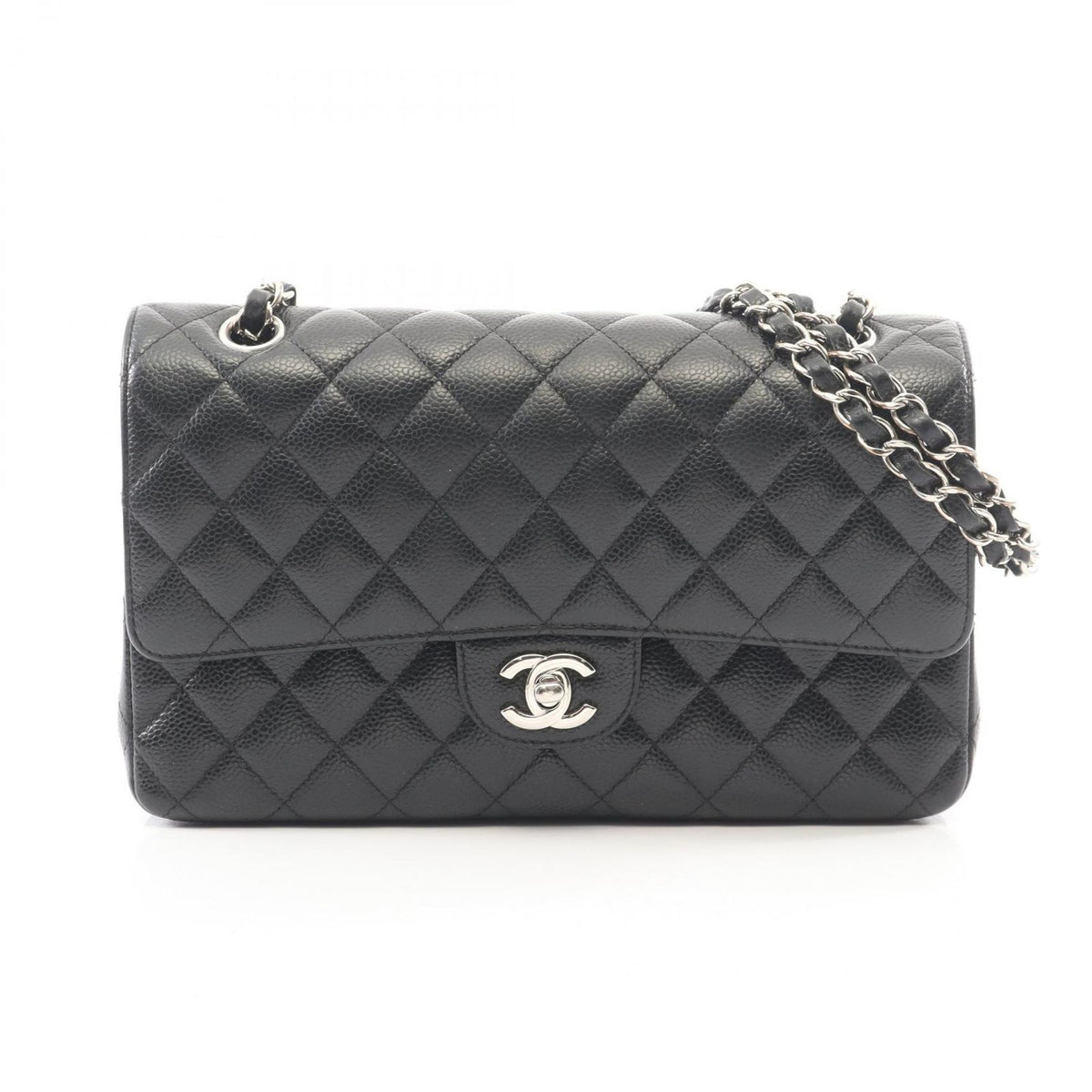 Chanel Shoulder Bag Quilted Double Flap Black Caviar Leather Chain