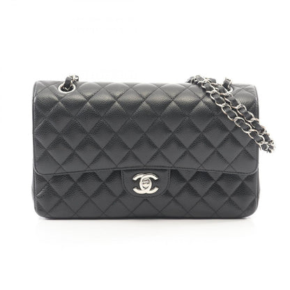 Chanel Shoulder Bag Quilted Double Flap Black Caviar Leather Chain