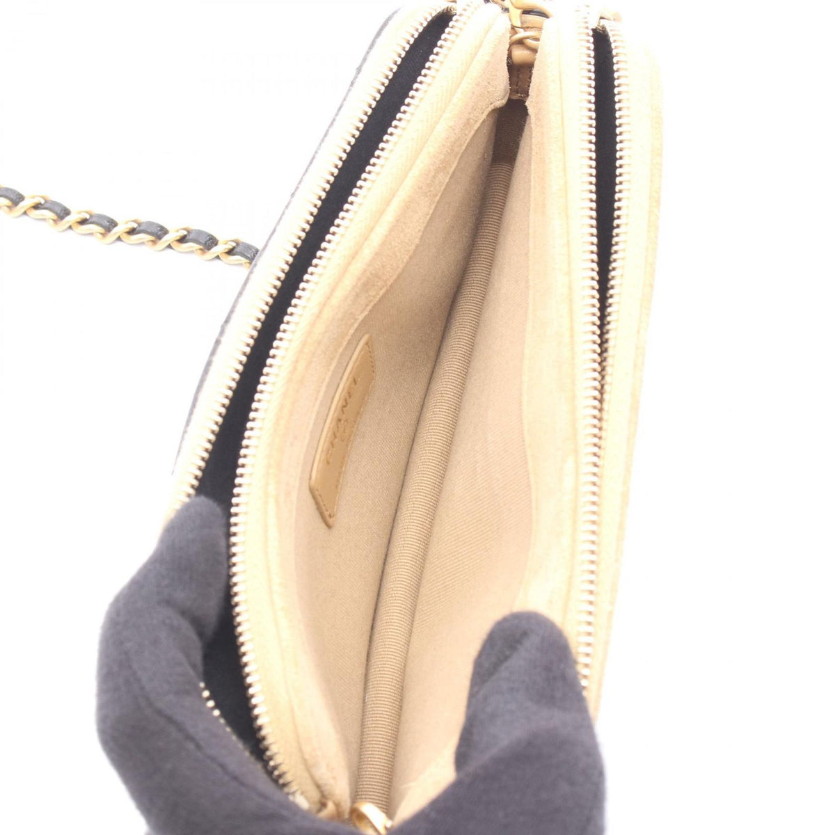 Chanel Shoulder Bag Quilted Phone Case Black Camel Lambskin Suede Chain Wallet — view 3