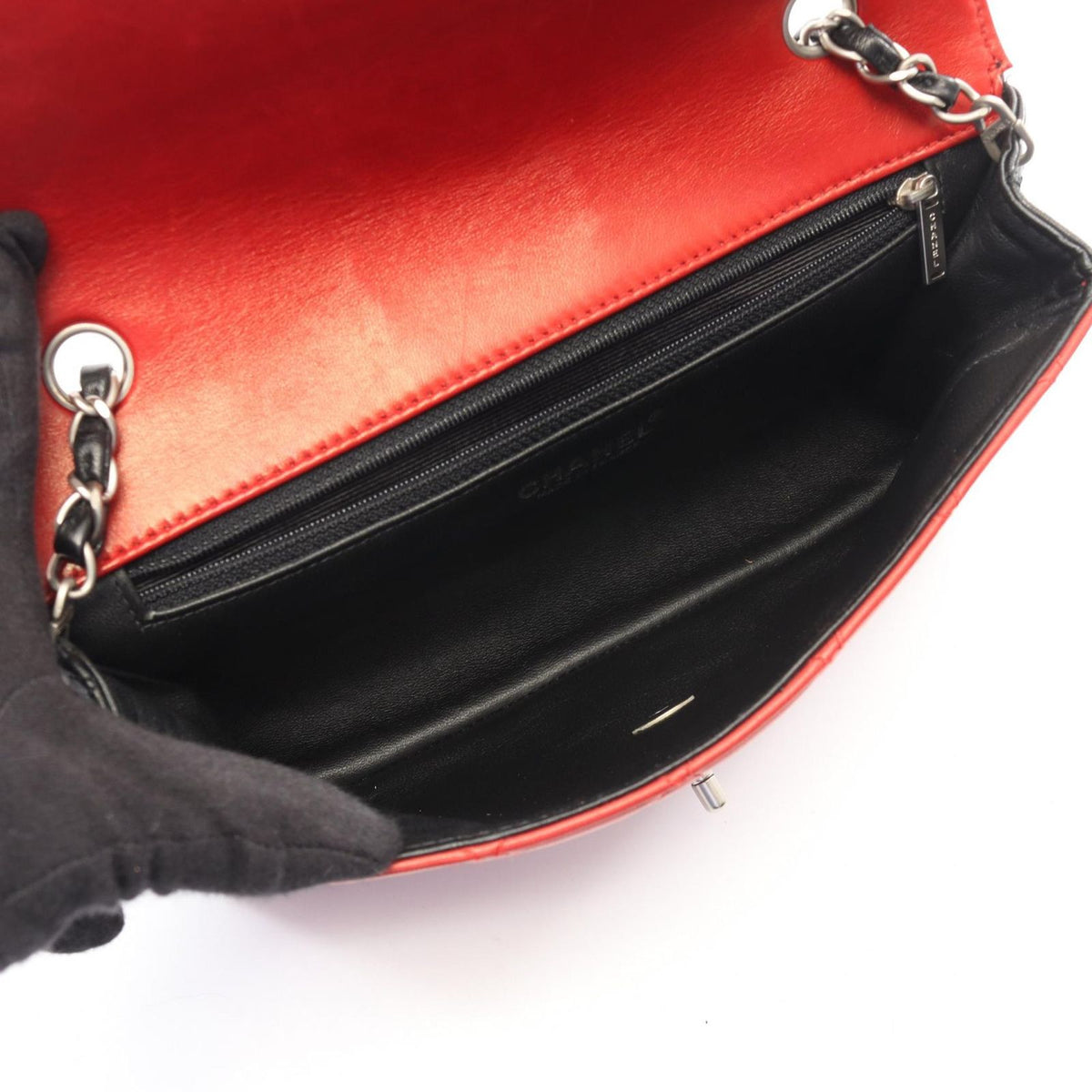 Chanel Shoulder Bag Quilted Single Flap Bicolor Black Red Lambskin Chain — view 3