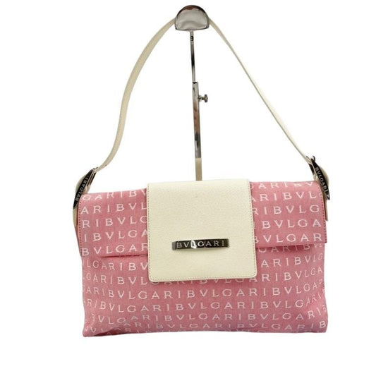 Bvlgari Shoulder Bag Logo Mania Maelea Pink White Canvas Leather Silver