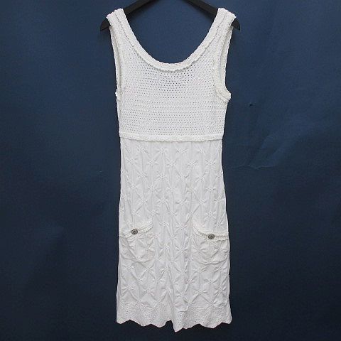 Chanel Sleeveless Crochet Knit Dress Mini Length 36 White CC Logo Button