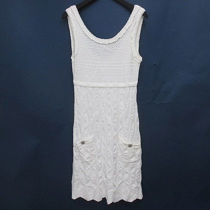 Chanel Sleeveless Crochet Knit Dress Mini Length 36 White CC Logo Button