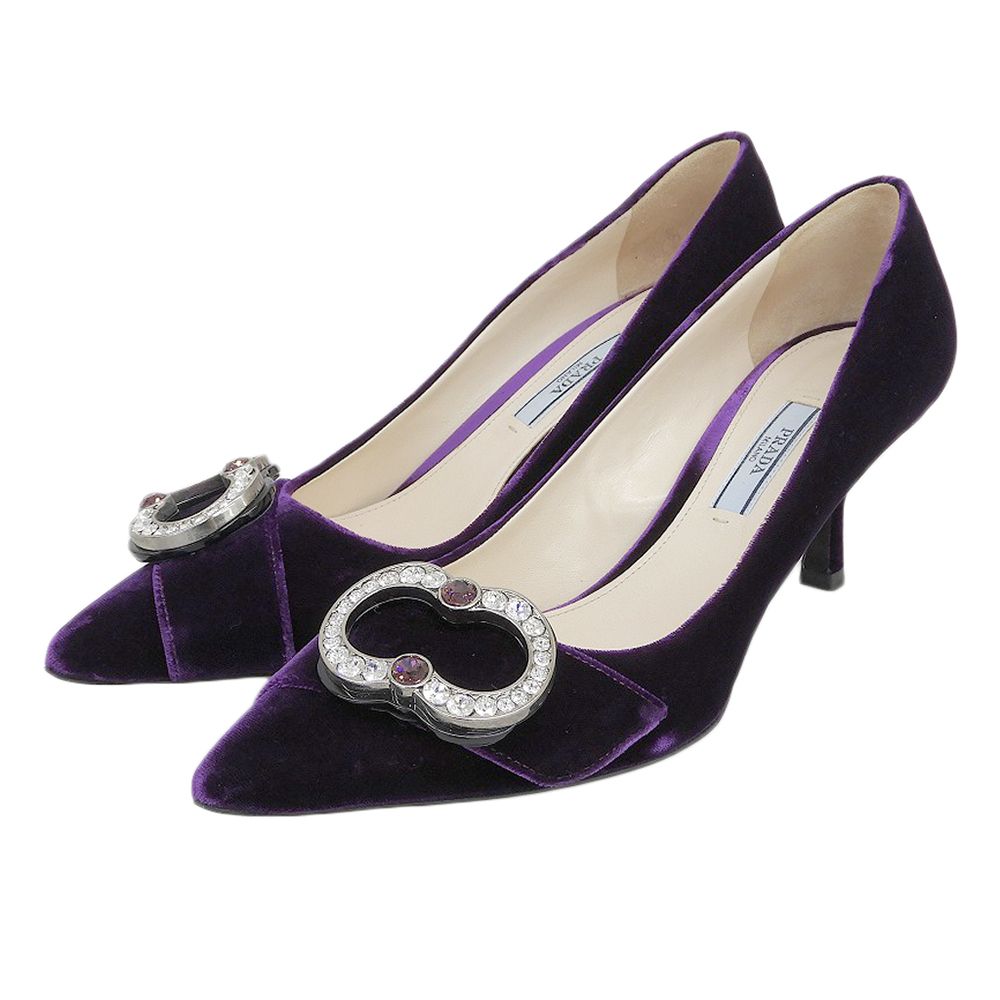 Prada Velvet Crystal Bijoux Buckle Mules Pumps Purple Heel 37