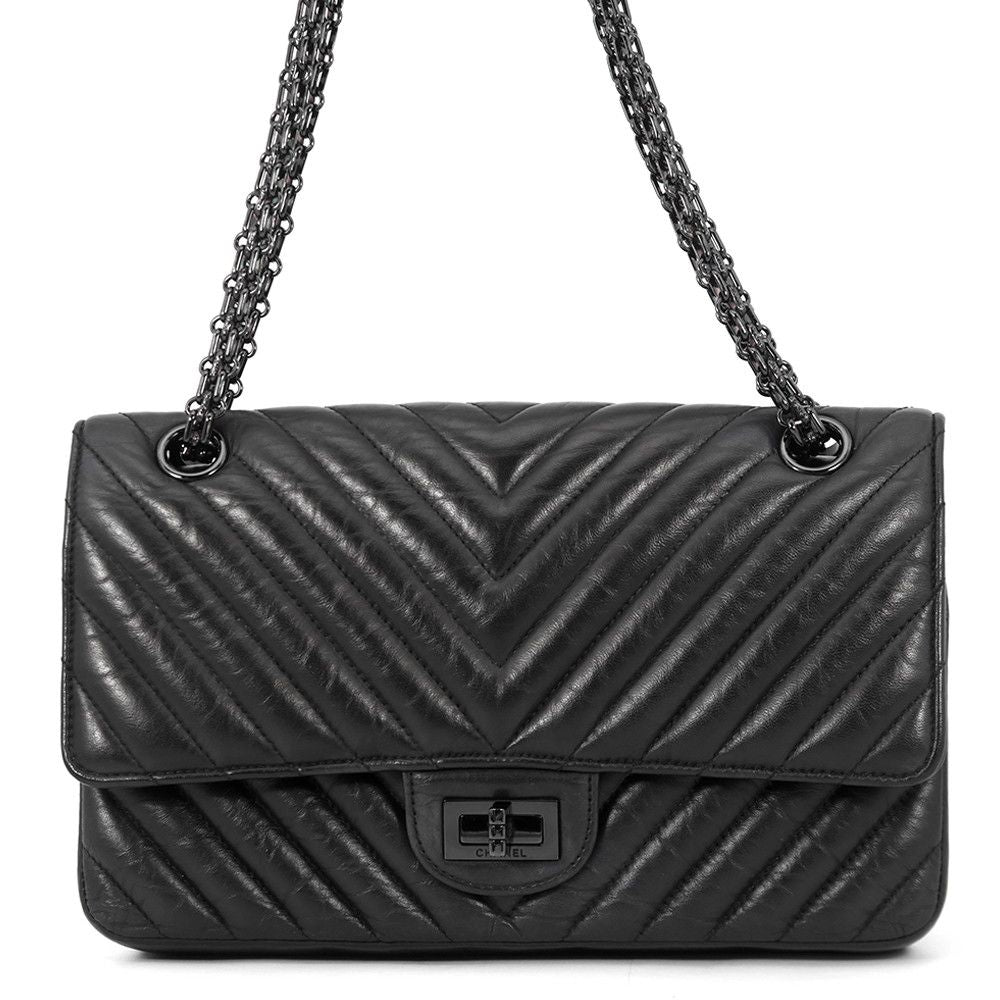 Chanel Chain Shoulder Bag 2.55 Blanc Aged Calf Leather Black