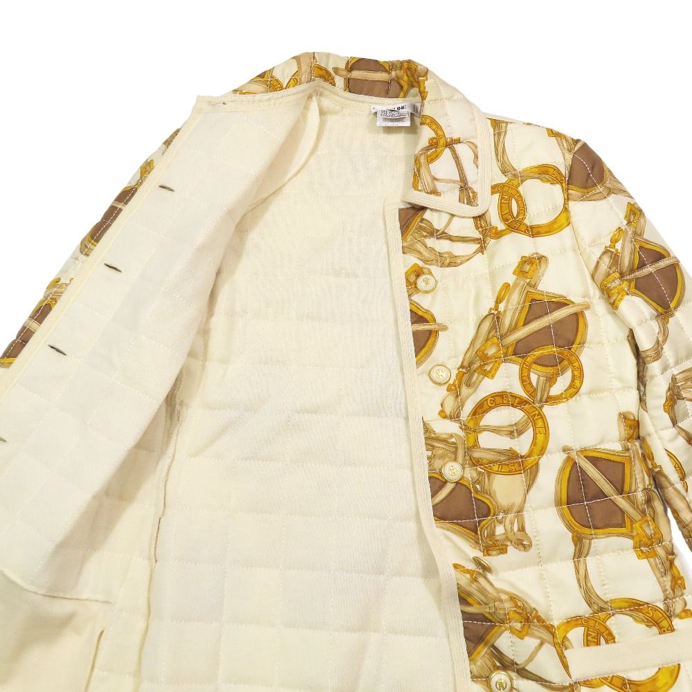 Celine Vintage Silk Quilted Coat Long Length Logo Horse Gear Motif Chain — view 3