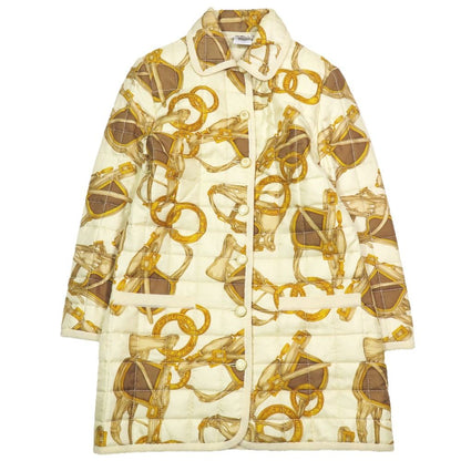 Celine Vintage Silk Quilted Coat Long Length Logo Horse Gear Motif Chain